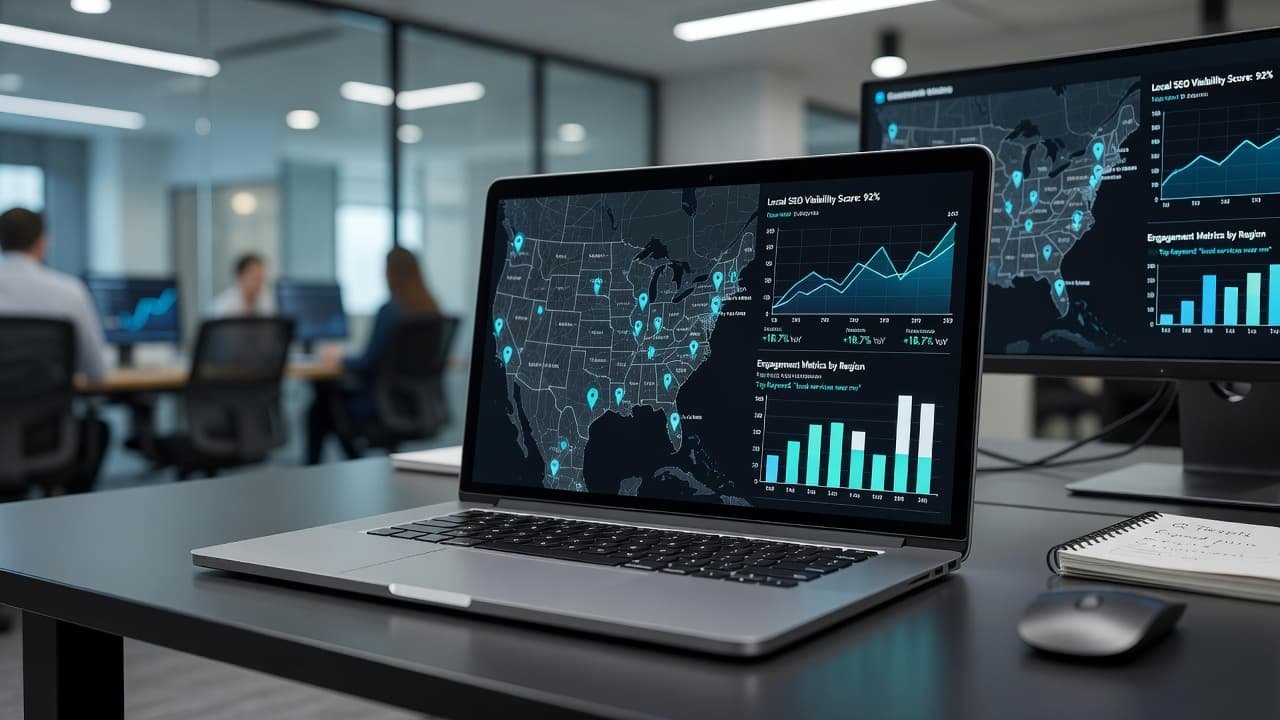 A close-up of a sleek office desk featuring a laptop displaying glowing map-based analytics, colorful location pins, and performance charts. A soft-focus modern office interior creates a professional work environment.