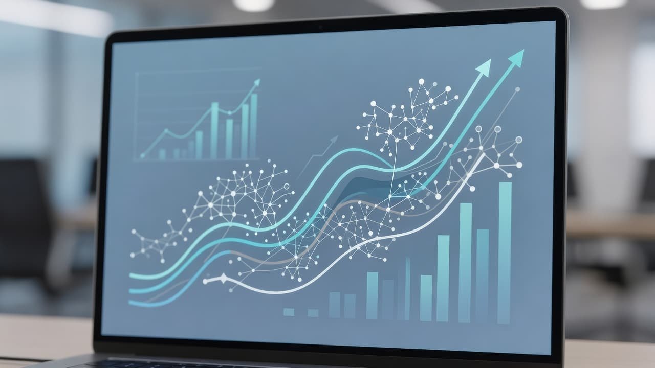 A sleek laptop screen displays vibrant abstract data visualizations focusing on upward growth trends and search patterns. The soft-focus office background enhances the professional, analytical feel of the workspace environment.