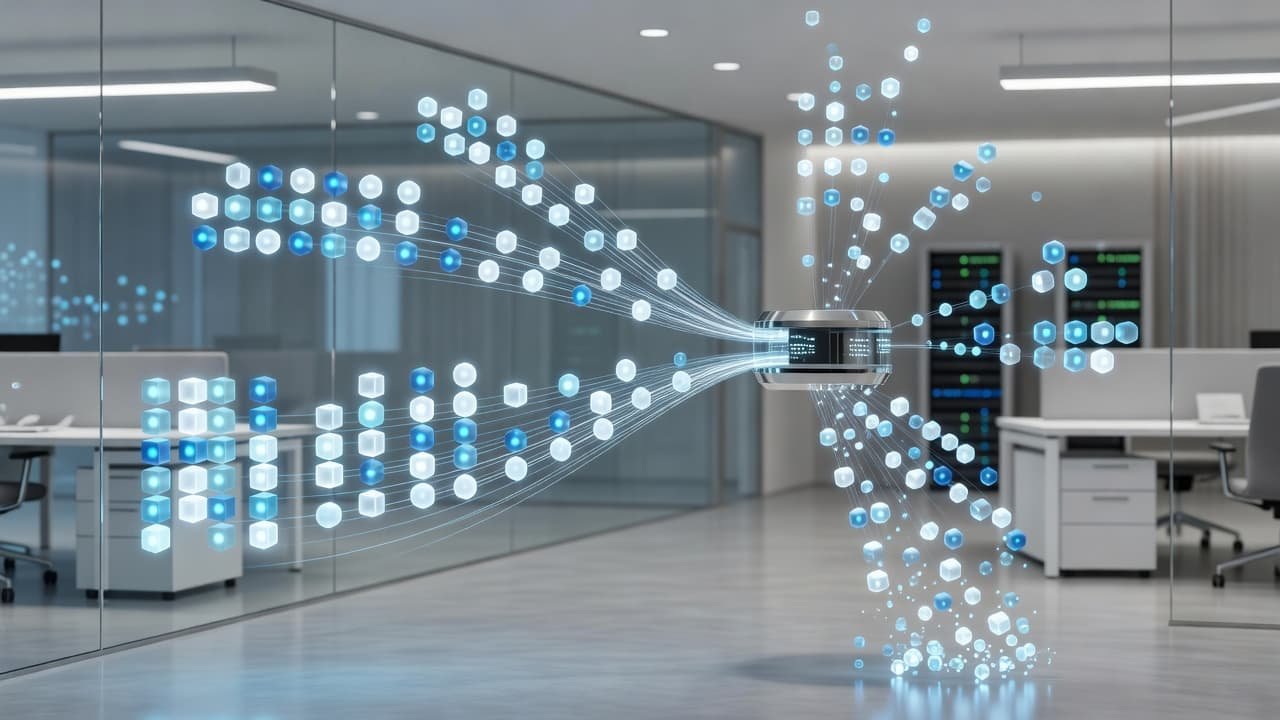 Glowing blue data points float in a clean, professional space while a shimmering light filter separates them into organized columns. The arrangement emphasizes structured clarity against a soft, blurred office backdrop.