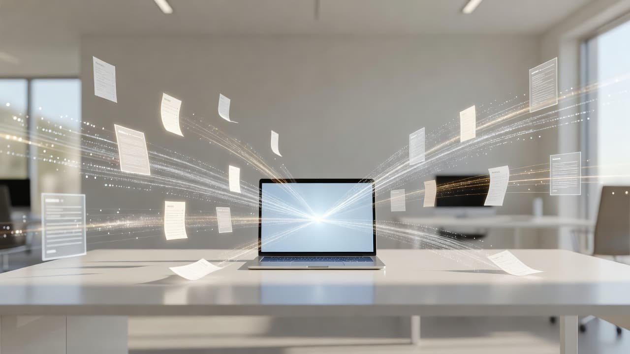Floating digital documents and translucent receipts flow gracefully toward a sleek laptop sitting on a minimalist desk. The scene captures the seamless organization of financial records within a bright modern office.