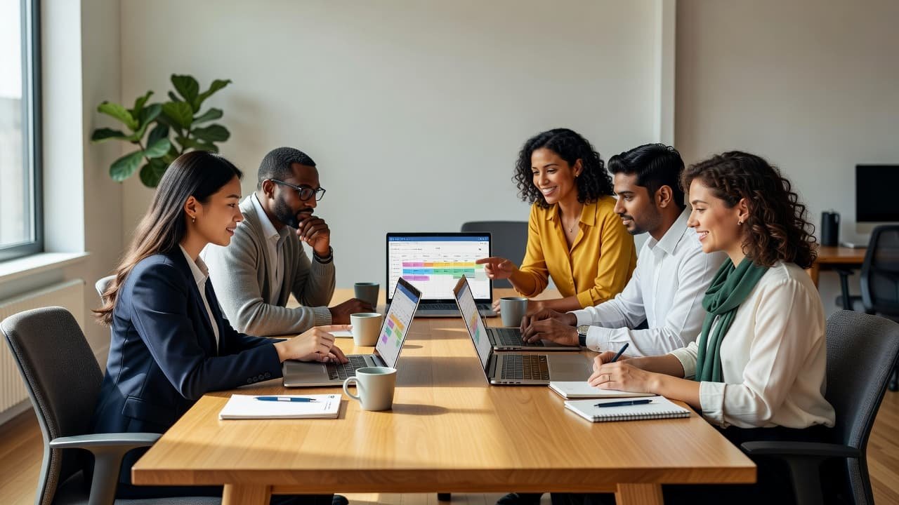 A diverse group of professionals collaborates around a large wooden table in a bright office. They utilize open laptops displaying digital calendars while soft sunlight streams through a nearby window.