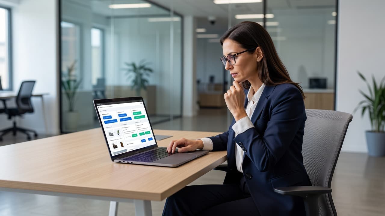 A professional manager sits at a sleek desk focused on a laptop screen displaying website UI elements. The bright, modern office space features soft natural lighting and a clean minimalist aesthetic.