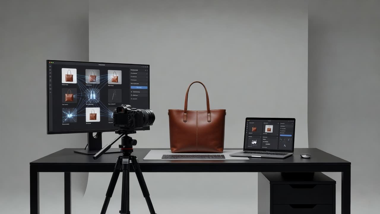 A clean white surface displays organized product samples alongside a sleek digital tablet displaying data tags. Soft studio lighting illuminates the professional arrangement to highlight the streamlined cataloging process perfectly.