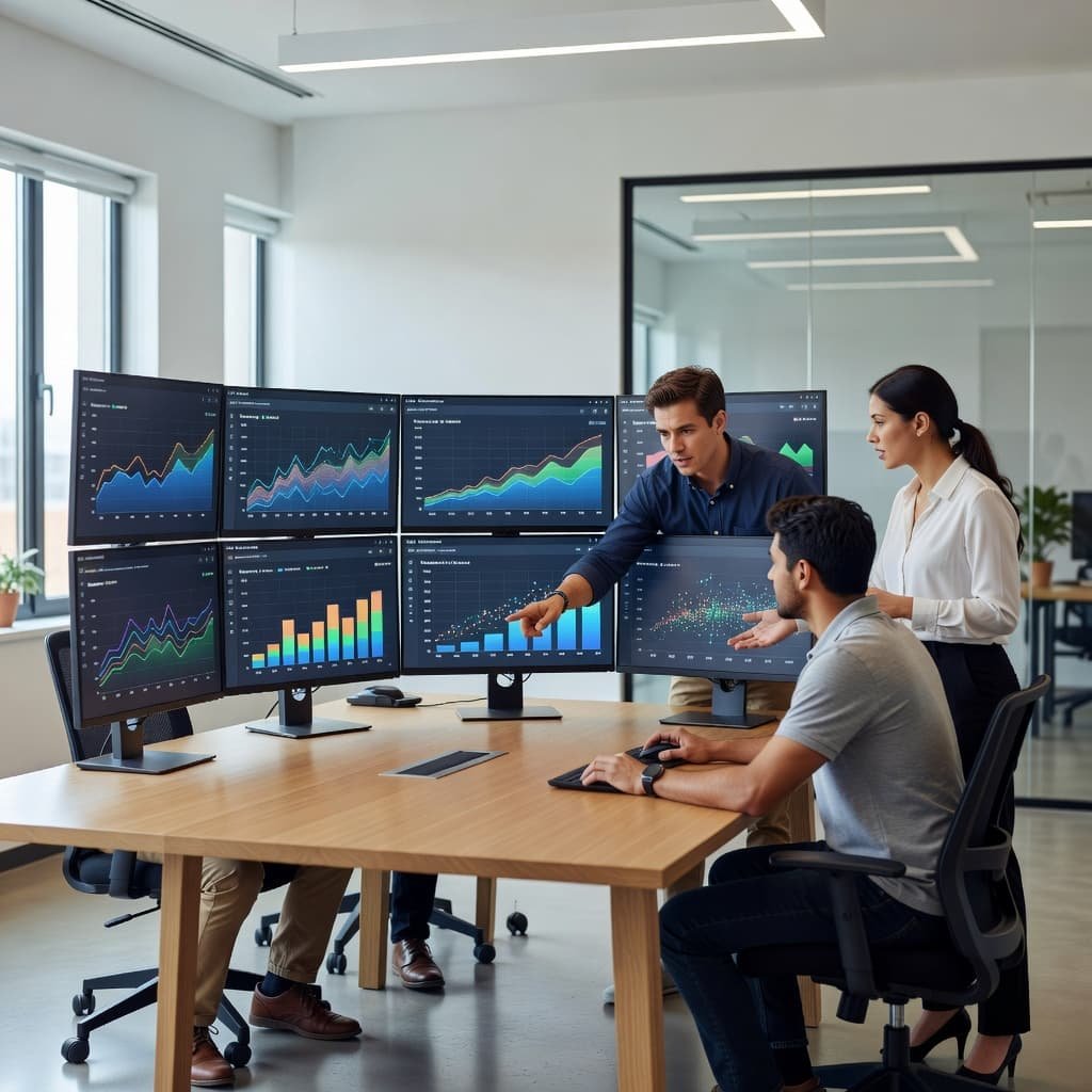 Three professional team members stand around a wall of glowing computer monitors displaying complex data analytics. The bright, modern office features glass partitions and ergonomic workstations in a clean workspace.