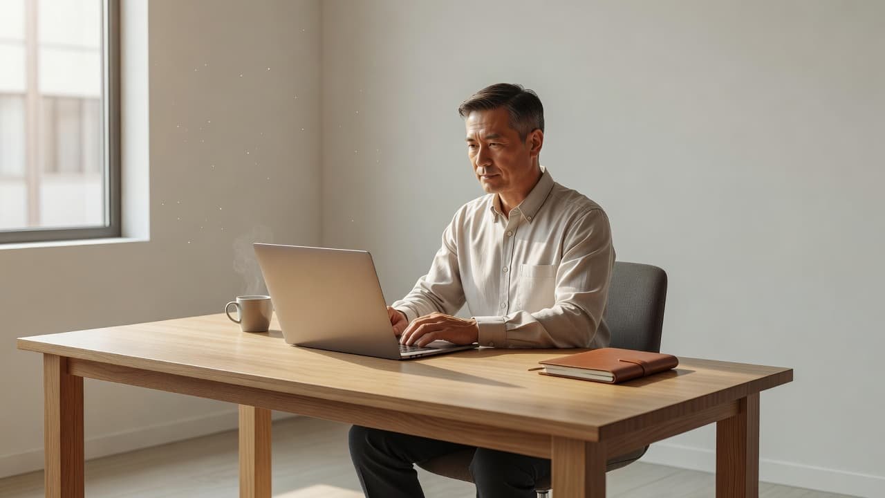 An entrepreneur focuses on a laptop screen while sitting at a minimalist white desk. A leather-bound notebook and a steaming ceramic coffee mug sit neatly beside the computer in daylight.