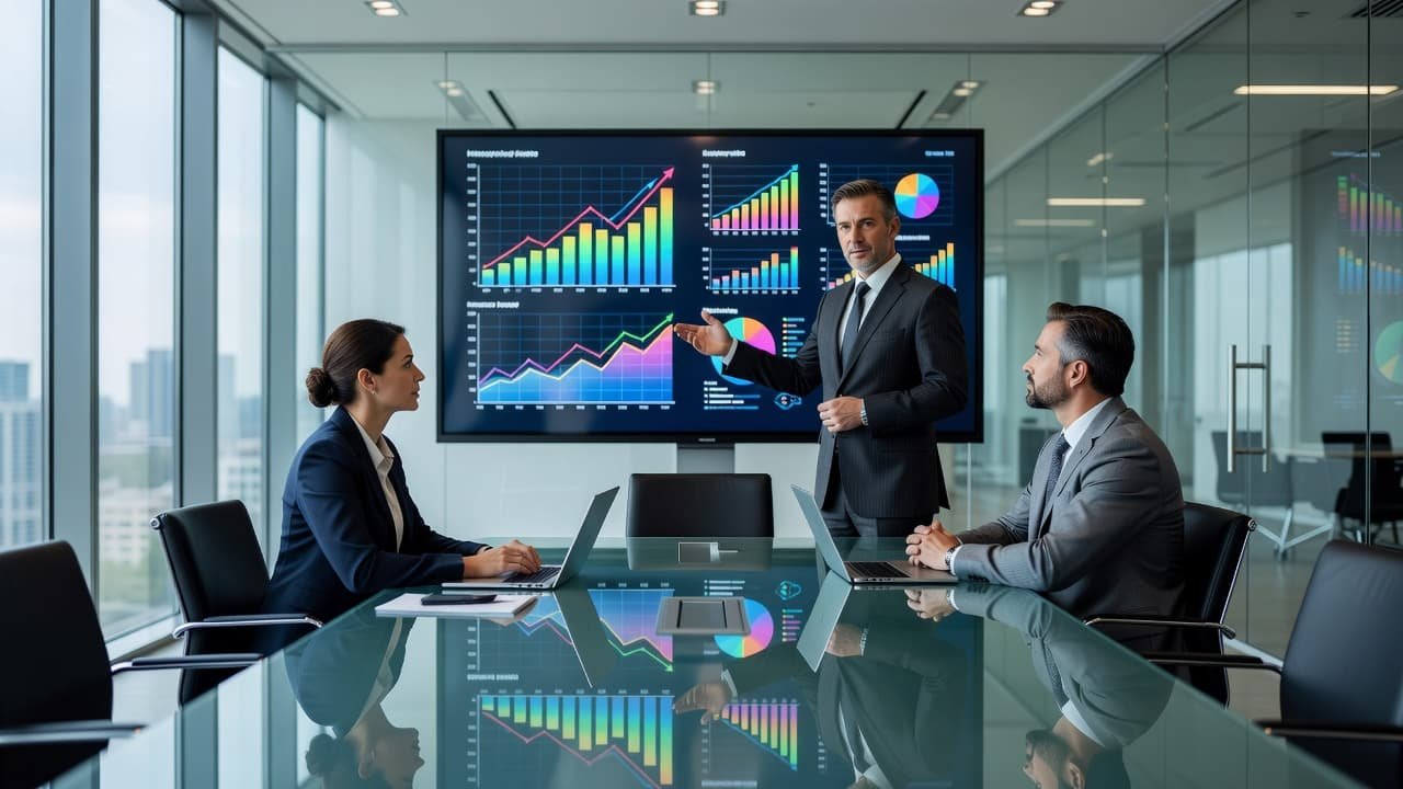 A presenter stands at the head of a glass boardroom table displaying digital analytics on a wall screen. Two colleagues sit nearby, attentively reviewing the quarterly data metrics shown in charts.