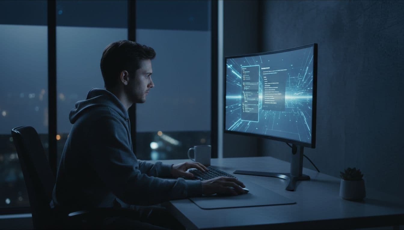A focused developer works at a minimalist desk illuminated by the soft blue glow of a large monitor. The room features dark tones and clean lines, highlighting professional software engineering equipment.