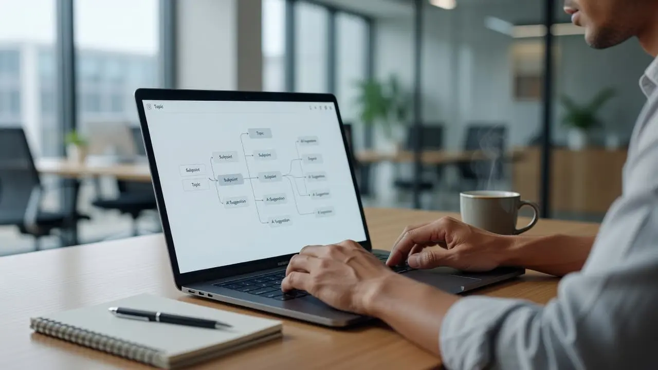 A close-up view of a person using a laptop to organize content, with a clean mapping interface visible on the screen. Soft natural light illuminates the modern, organized office environment.