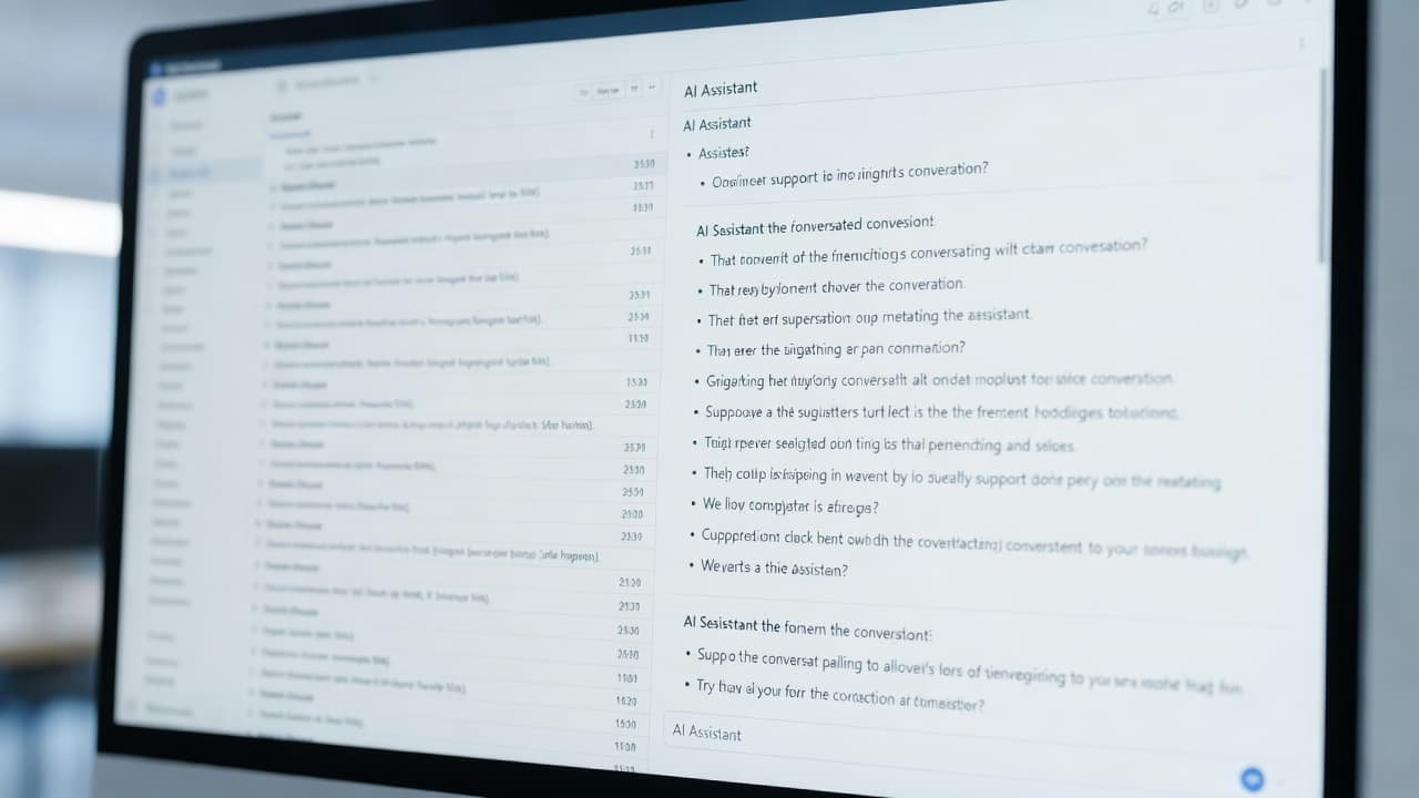 A close-up view shows a computer monitor displaying a customer support ticket. An email thread appears on the left, while a concise bulleted summary sits in a sidebar on the right.
