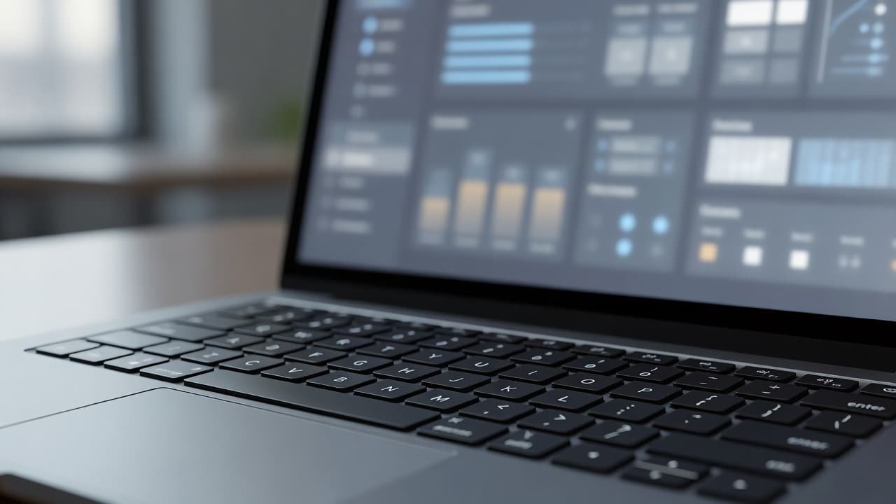 A close-up view of a sleek laptop keyboard set against a soft-focus screen displaying a professional digital dashboard. Warm natural light illuminates the keys, creating a clean and productive atmosphere.