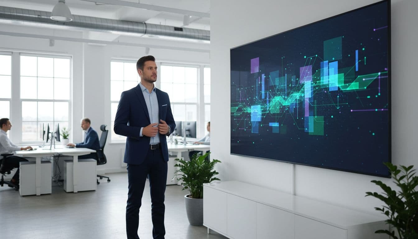 A professional team leader stands before a large digital display wall showing colorful abstract data charts. The bright office setting features sleek furniture and polished surfaces reflecting the soft ambient lighting.