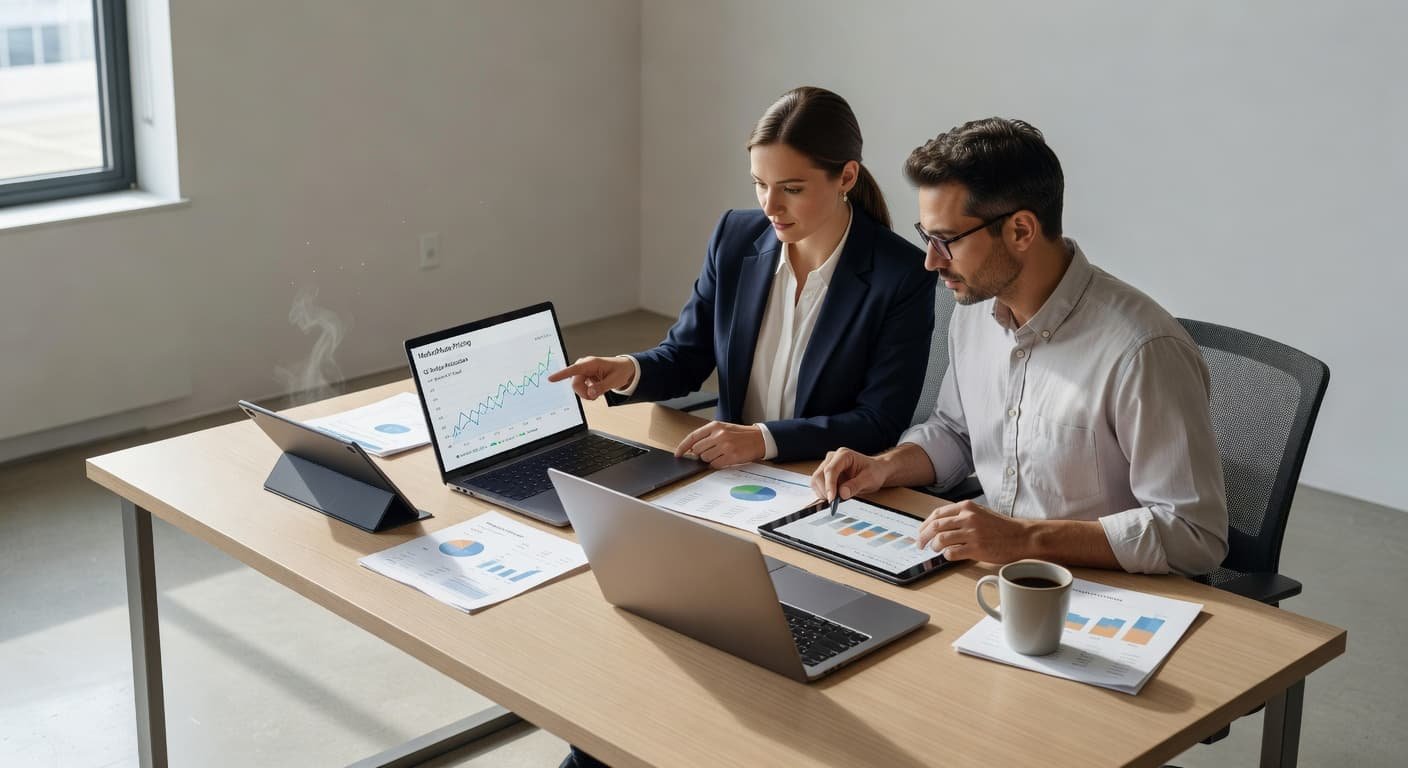 Two professionals sit at a sleek workstation equipped with laptops and digital tablets. They focus intently on glowing software analytics and colorful financial charts displayed across their high-resolution digital screens.