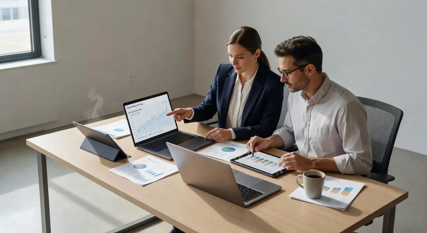 Two professionals sit at a sleek workstation equipped with laptops and digital tablets. They focus intently on glowing software analytics and colorful financial charts displayed across their high-resolution digital screens.