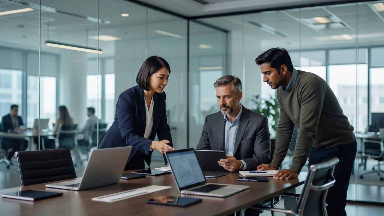 Three professionals gather around a sleek conference table in a glass-walled office to analyze digital tablets and laptops. Soft ambient light illuminates their collaborative discussion on future brand growth strategies.