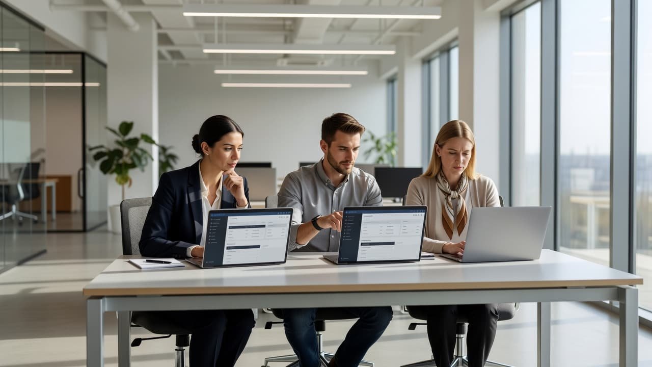 Three marketing professionals sit at a sleek contemporary desk illuminated by soft natural light. They are engaged in a collaborative discussion while viewing their laptop screens to analyze subscription plans.
