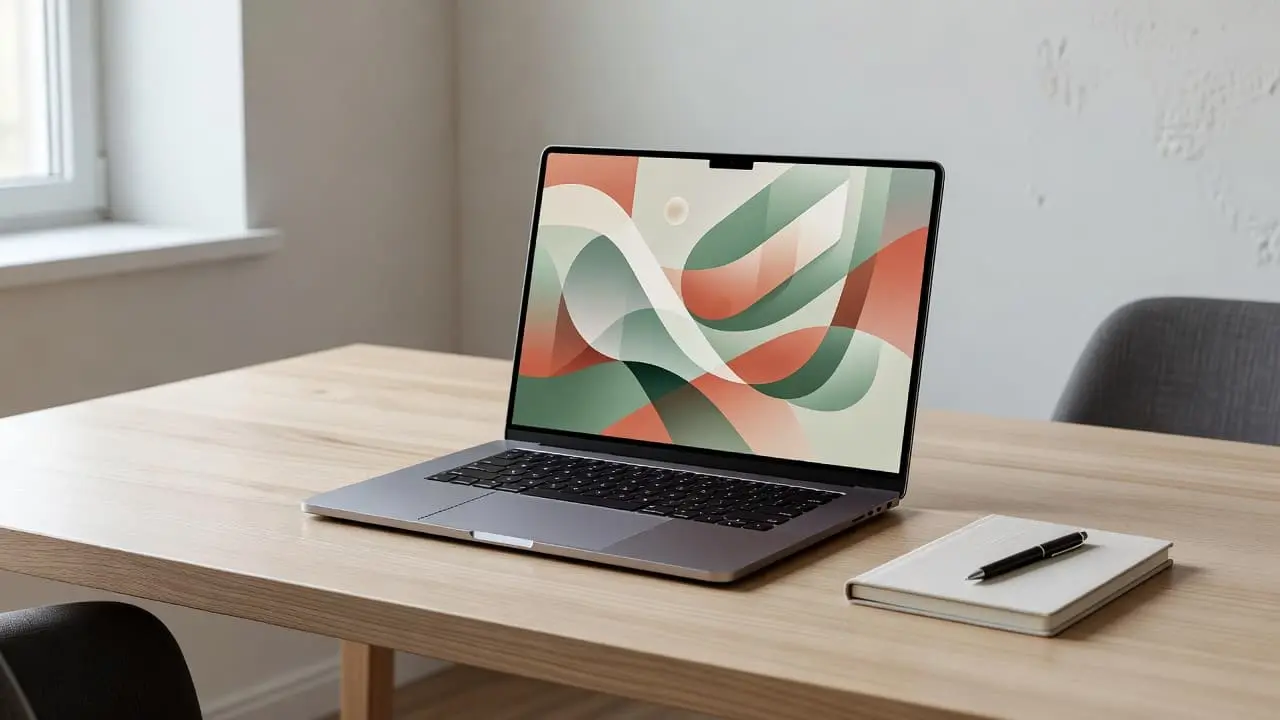 A sleek, clean desk features an open high-end laptop displaying vibrant abstract art on the screen. The surrounding studio space is bathed in soft, natural light, creating a focused, creative atmosphere.