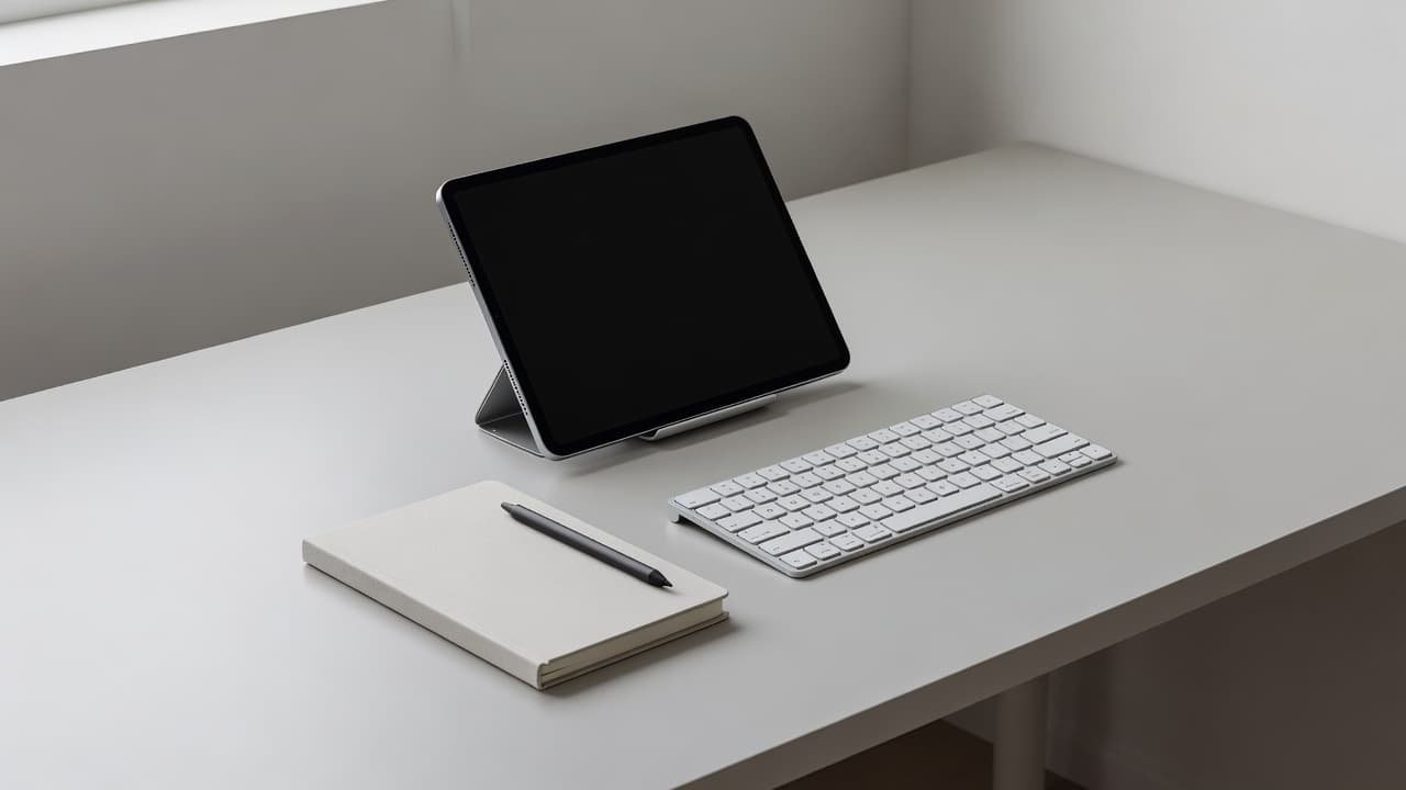 A clean desk features a sleek tablet positioned next to a leather-bound notebook under soft ambient lighting. The uncluttered surface suggests an efficient digital environment for managing complex software support workflows.