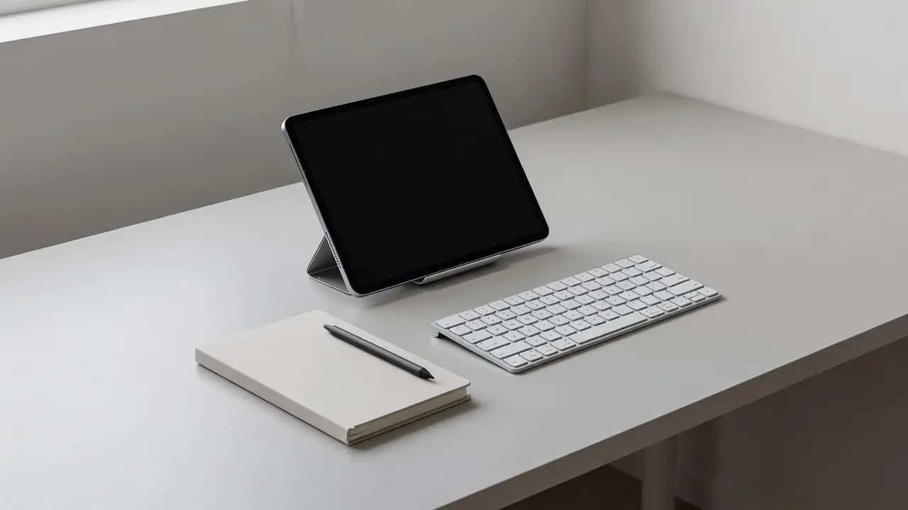 A clean desk features a sleek tablet positioned next to a leather-bound notebook under soft ambient lighting. The uncluttered surface suggests an efficient digital environment for managing complex software support workflows.