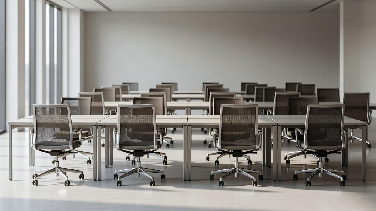 Rows of sleek white desks and ergonomic chairs fill a brightly lit professional office suite. Large windows allow ample sunlight to illuminate the tidy, open-plan workspace and polished floor surfaces.