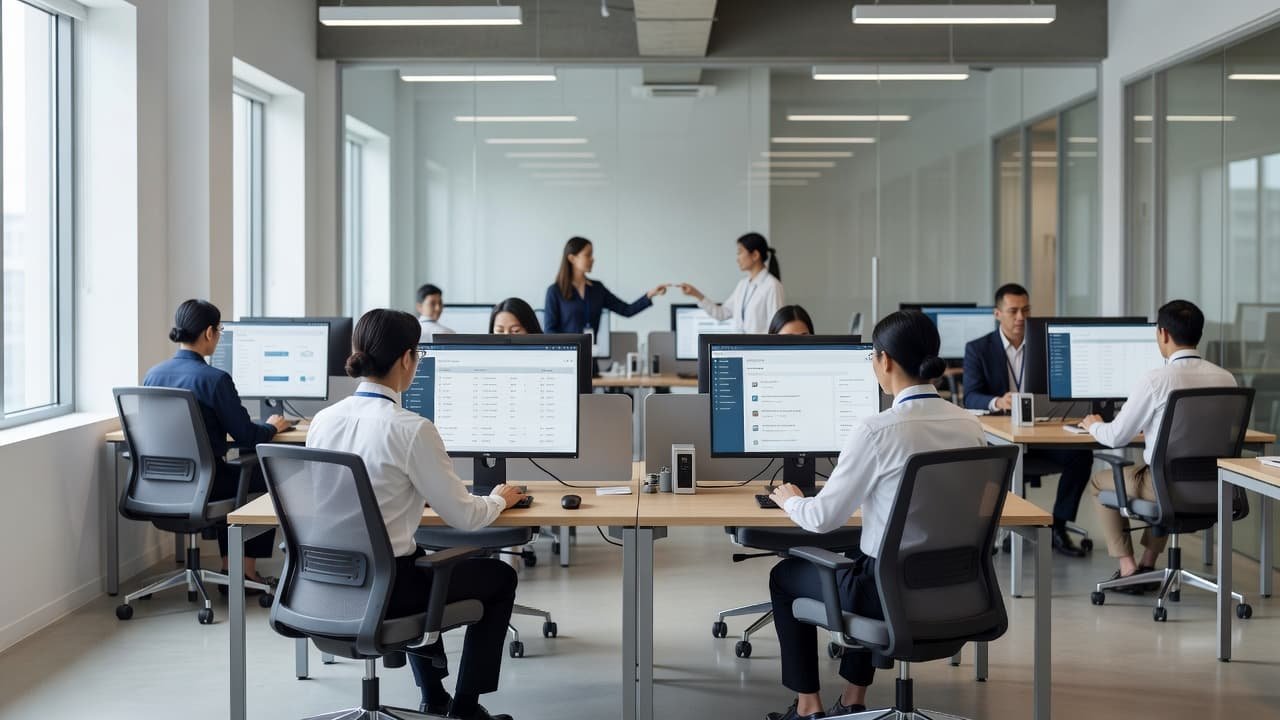 Multiple support agents work at minimalist desks with dual monitors displaying software interfaces. Bright sunlight streams through large windows, creating a professional and collaborative atmosphere within the open-plan office space.