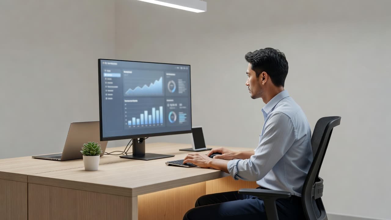 An agent sits at a sleek desk featuring an ergonomic monitor displaying data charts. The clean office environment is filled with soft lighting that illuminates the organized, clutter-free workspace area.