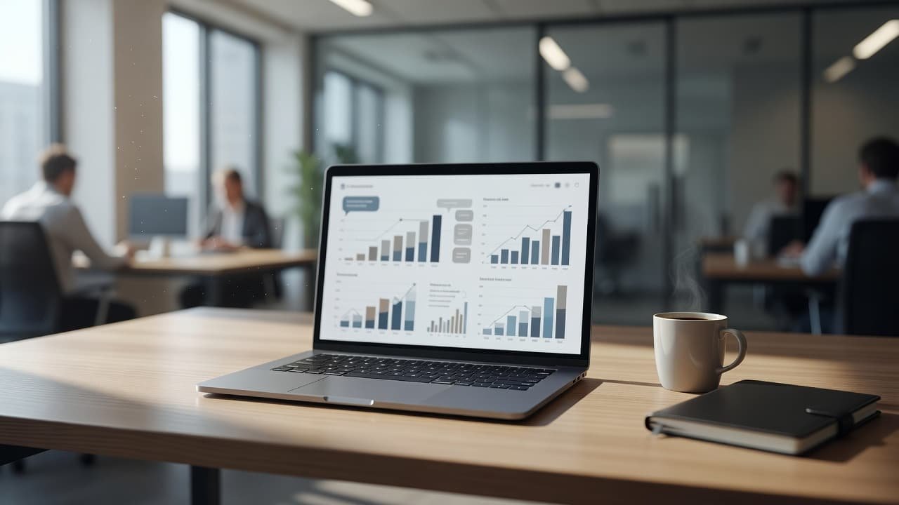 A sleek silver laptop sits open on a minimalist desk, showcasing an intricate glowing data chart on the screen. The scene is illuminated by soft, cinematic lighting that highlights professional productivity.