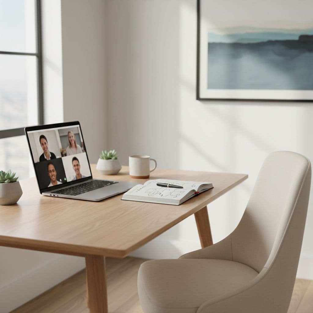 A clean wooden desk holds an open laptop displaying professional content and an open notebook with handwritten notes. Soft natural light illuminates the organized, minimalist workspace for efficient digital team collaboration.