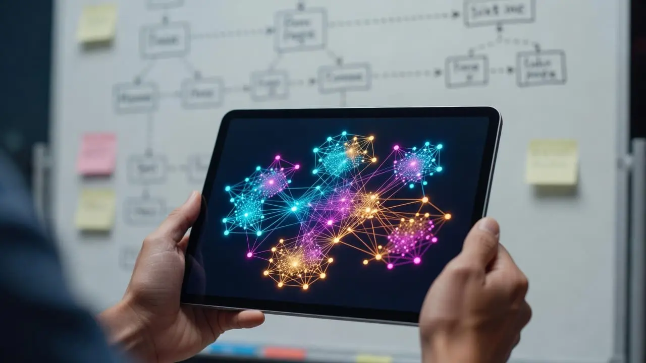 Hands hold a digital tablet displaying vibrant data nodes and connected clusters while a blurred whiteboard in the background features complex flow diagrams and site map structural connections for navigation.