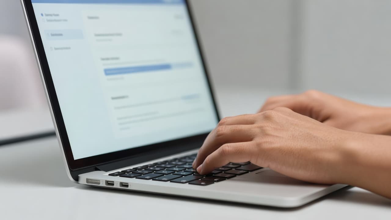 A person reaches across a modern silver laptop keyboard with both hands. In the softly blurred background, a glowing screen displays a clean digital dashboard with organized text fields and data graphs.