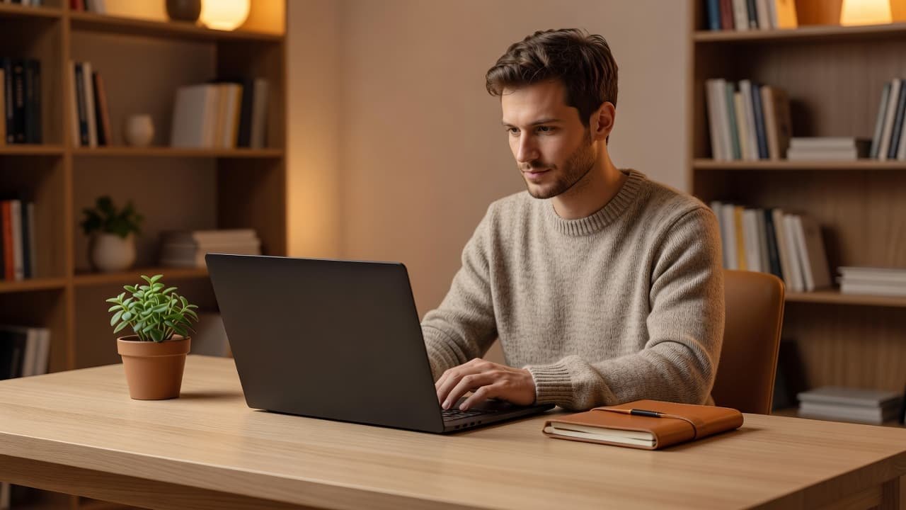 A focused individual sits at a minimalist wooden desk, typing on a clean laptop. Soft ambient light illuminates the organized workspace, highlighting a neutral aesthetic and a comfortable, productive atmosphere.