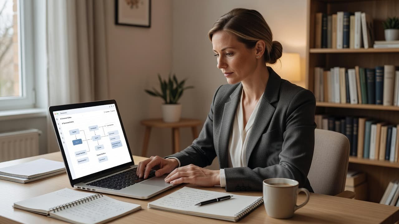 A person works at a minimalist desk inside a bright home office, typing on a laptop displaying a digital project board. Soft natural light highlights the organized and cozy workspace setup.