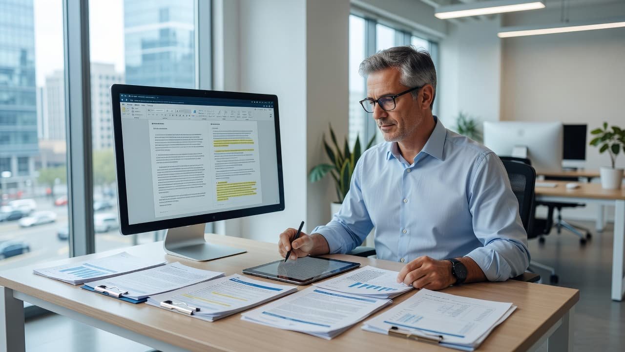 An editor sits at a minimalist desk reviewing digital copy on a large monitor. Stacks of printed documents and a portable tablet lie beside them to facilitate a thorough fact-checking process.