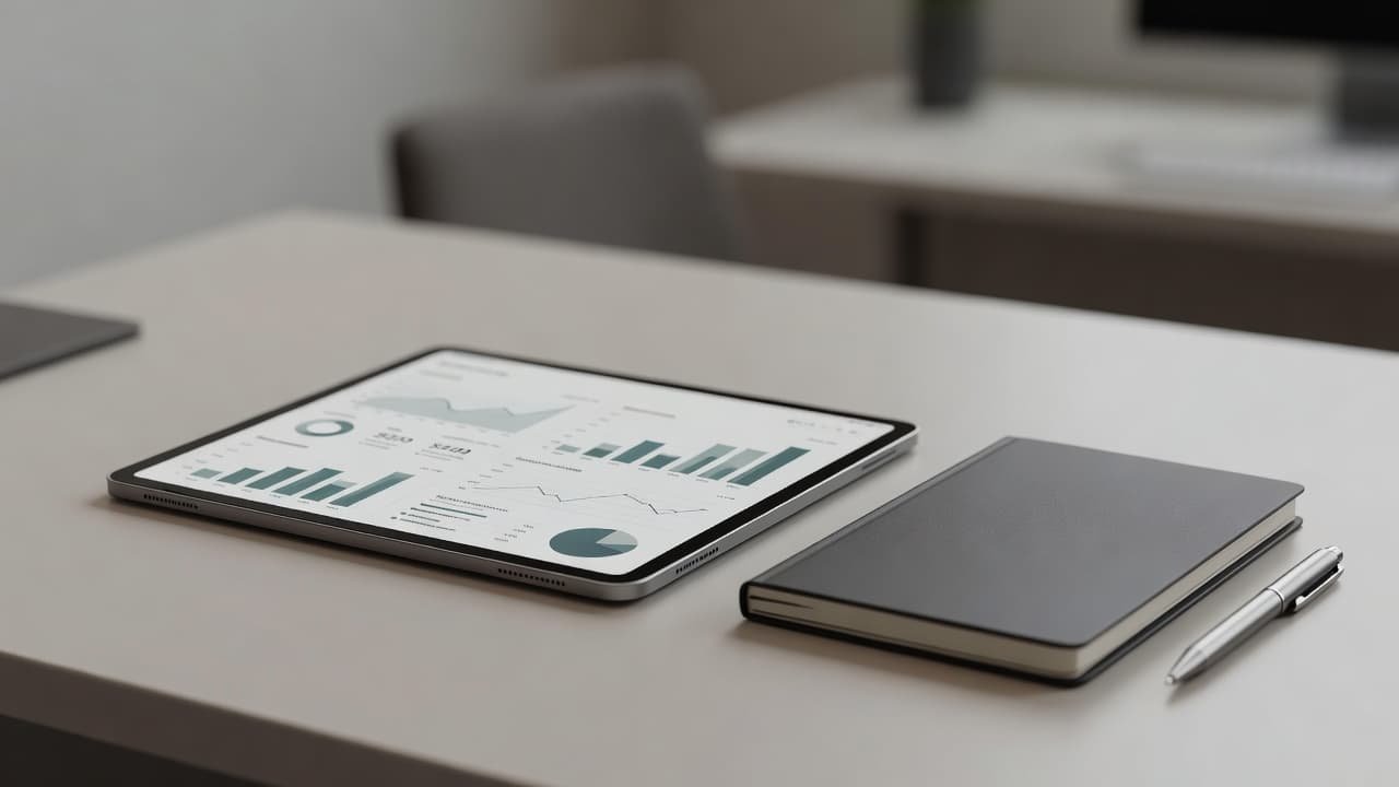 A clean desk surface features an open leather-bound notebook beside a sleek tablet displaying colorful abstract analytical data graphs. Neutral lighting highlights the organized arrangement for focused business productivity and research.
