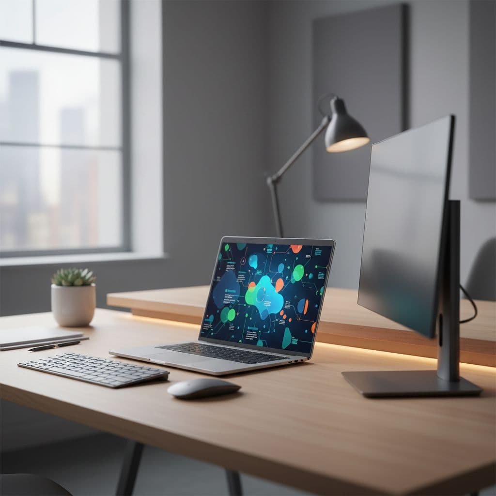 A sleek silver laptop sits on a clean desk surface, displaying a colorful, blurred abstract data dashboard. Soft ambient lighting highlights the minimalist office setup and professional business environment.