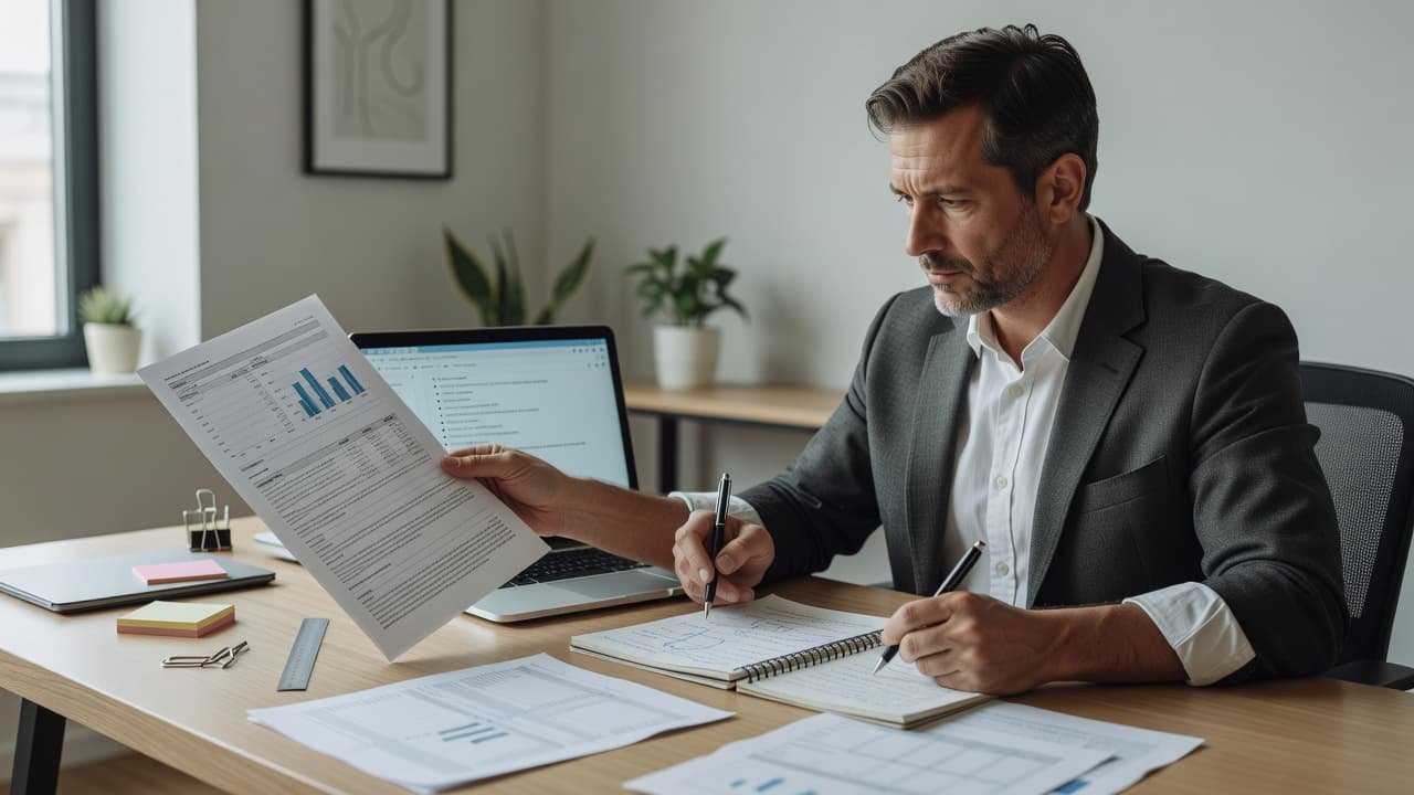 A focused writer compares digital information on a laptop screen with a physical paper report spread across the mahogany desk. Professional stationery and organized handwritten notes sit nearby in bright lighting.