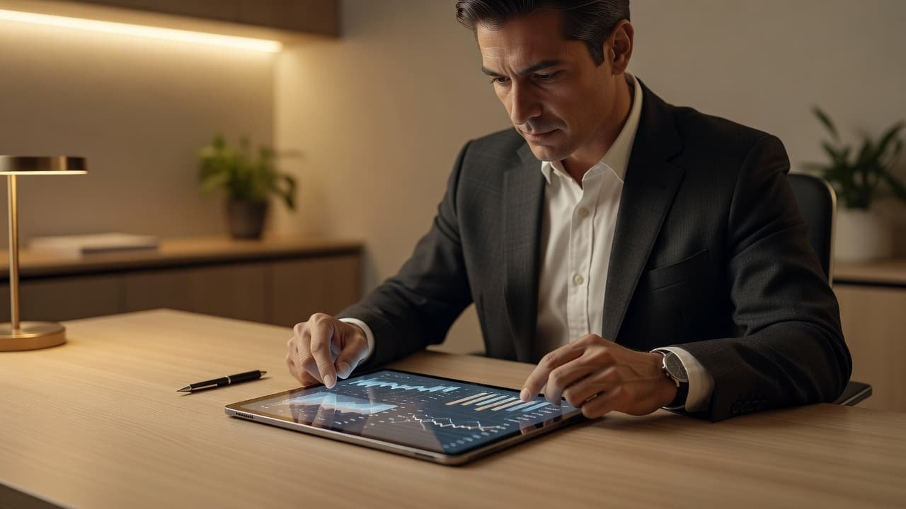 A focused individual in a suit reviews complex digital financial charts on a sleek tablet. The minimalist office environment features soft, golden overhead lighting that highlights the professional's attentive expression.