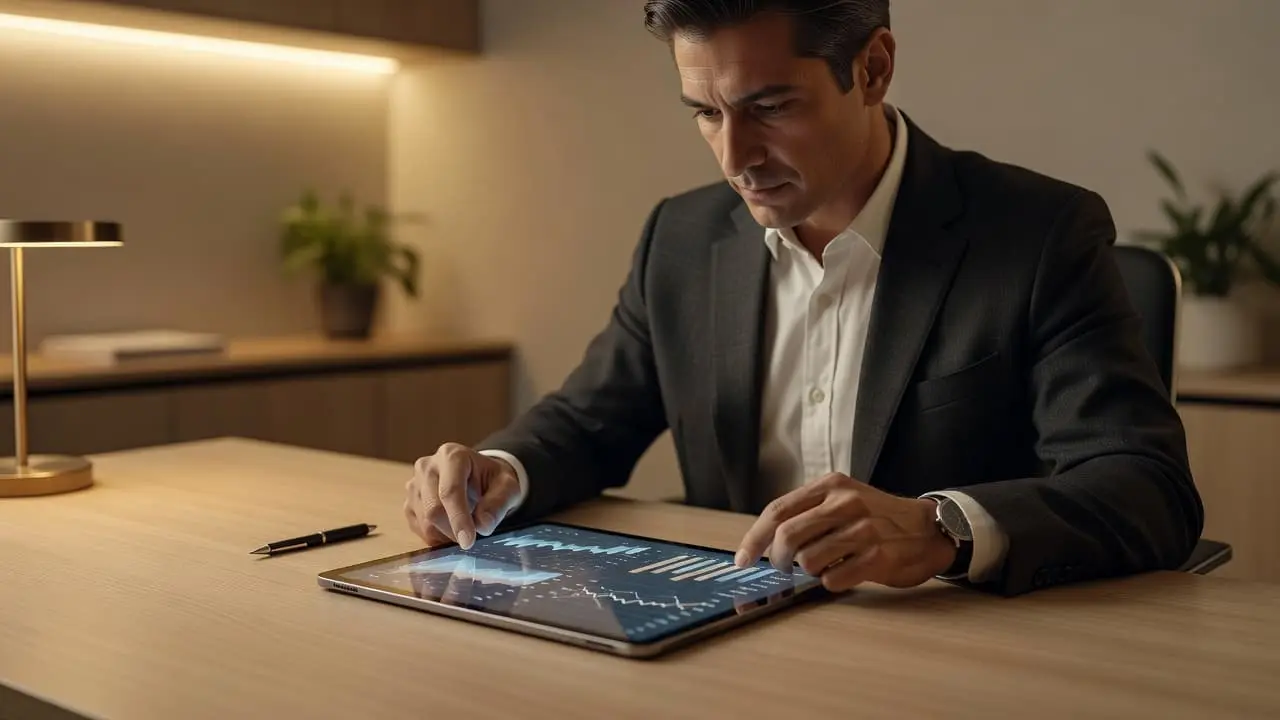 A focused individual in a suit reviews complex digital financial charts on a sleek tablet. The minimalist office environment features soft, golden overhead lighting that highlights the professional's attentive expression.