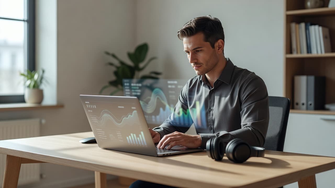 A focused professional sits at a minimalist desk inside a bright home office, viewing complex data charts on a laptop screen. Soft ambient light illuminates the clean, organized workspace setup.