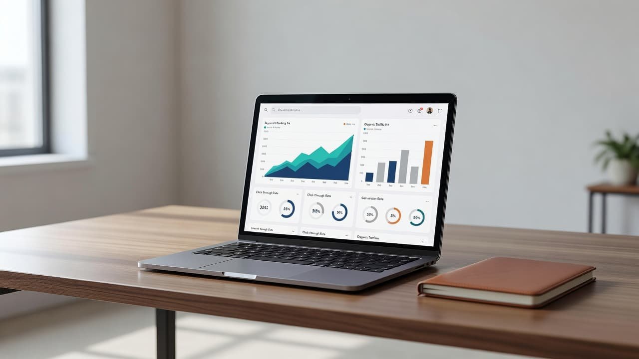 A sleek laptop rests on a minimalist wooden desk, displaying complex SEO performance charts and data metrics. Soft natural light streams in, highlighting the clean surface and organized office setup.
