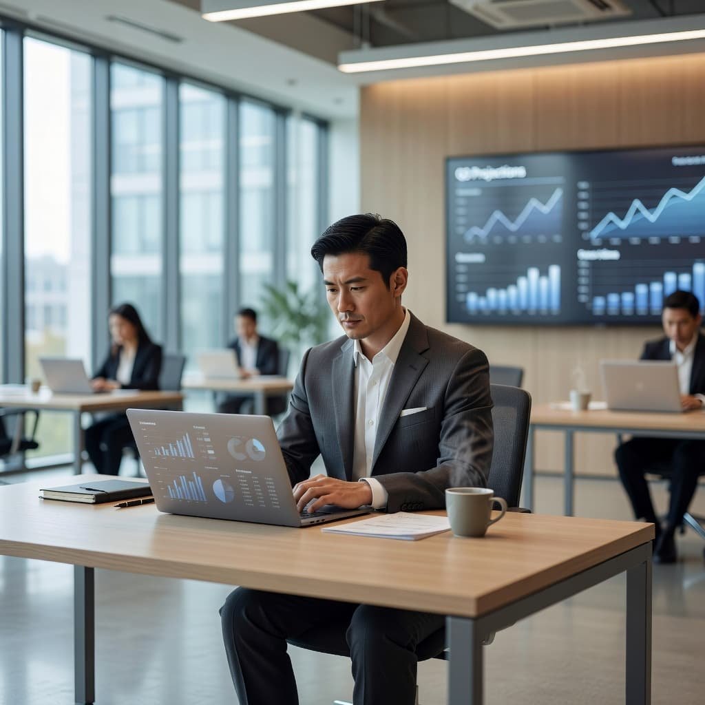 A focused professional types on a slim laptop while sitting at a minimalist white desk in a sunlit office. Large windows provide ambient light, highlighting the clean and organized workspace environment.