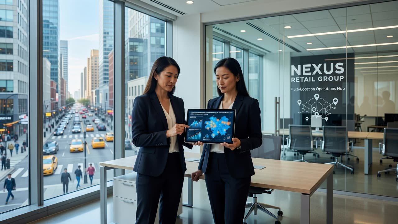 A focused retail manager reviews digital data on a handheld tablet while standing by floor-to-ceiling windows. The modern office features sleek glass walls overlooking a bustling metropolitan city street below.
