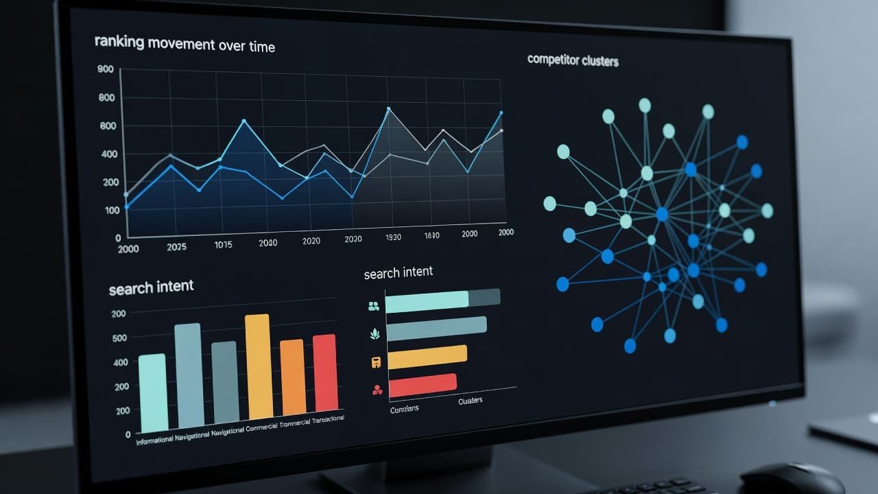 A high-resolution computer screen displays complex line graphs and colorful data clusters illustrating website ranking trends. The clean, professional interface focuses on search intent categorization for strategic digital marketing performance analysis.