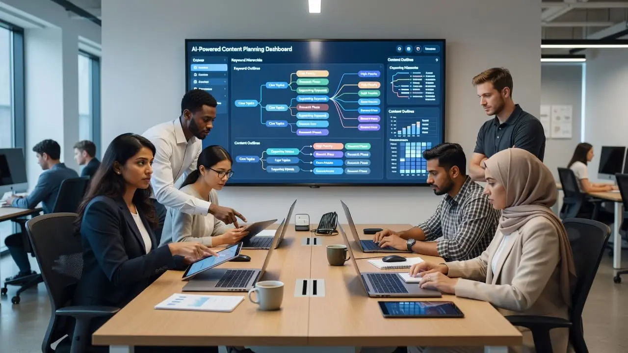 A diverse group of strategists collaborates at a large desk, focusing on digital tablets and a central monitor displaying complex content hierarchies and keyword data for professional marketing research projects.