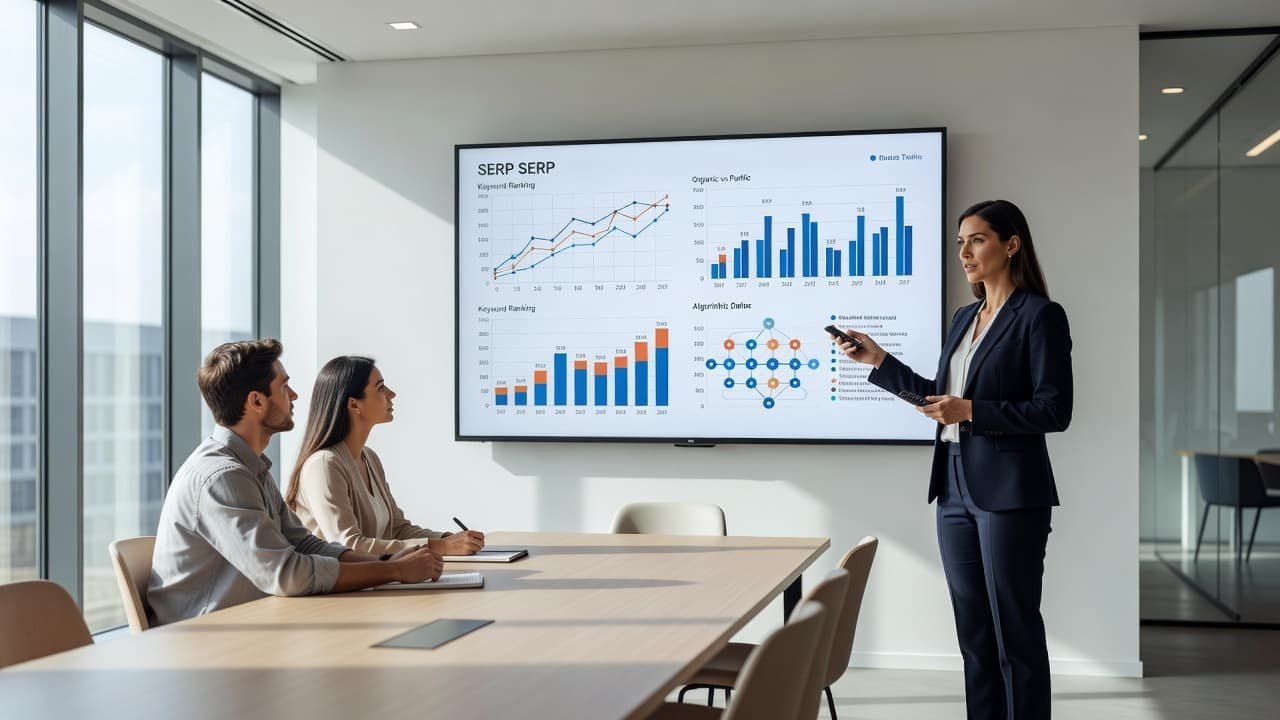 An expert points toward digital charts on a large wall screen as two colleagues watch intently within a minimalist sunlit office space. Modern decor features sleek furniture and open glass walls.