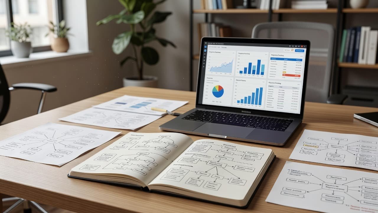 A dark laptop sits beside an open notebook filled with complex handwritten flowcharts and site structure diagrams. Blurred professional office monitors display analytics data and colorful keyword clusters in the background.