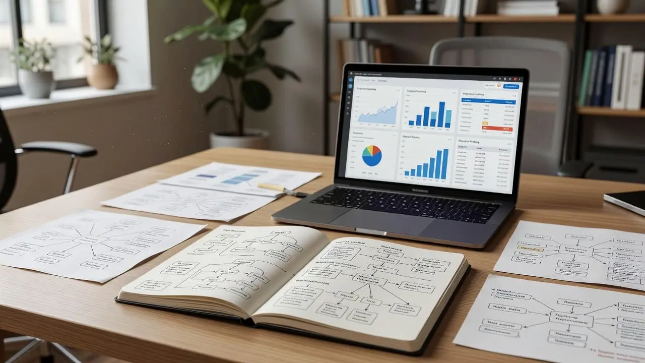 A dark laptop sits beside an open notebook filled with complex handwritten flowcharts and site structure diagrams. Blurred professional office monitors display analytics data and colorful keyword clusters in the background.