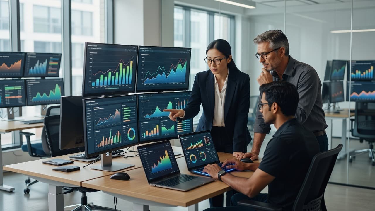 Three professionals stand around a desk featuring multiple glowing monitors displaying complex data trends and search performance metrics. Bright ambient sunlight fills the modern, minimalist office space during their meeting.