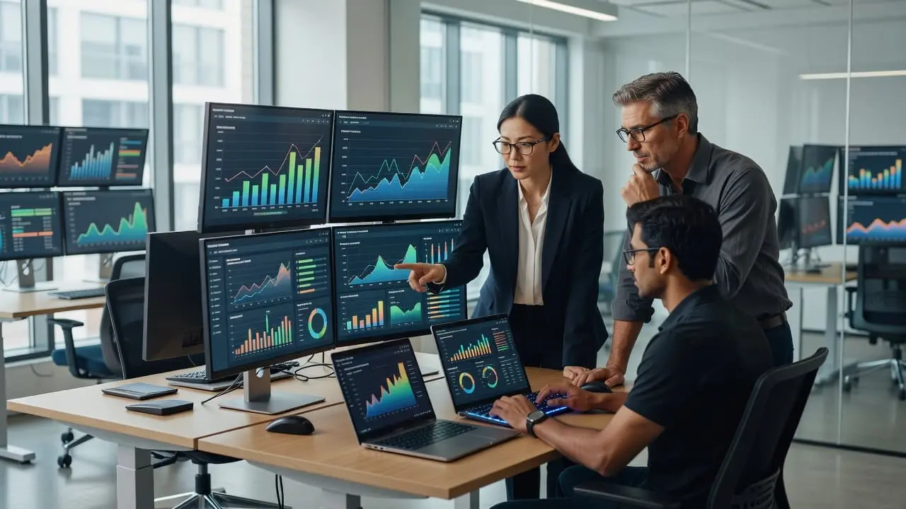 Three professionals stand around a desk featuring multiple glowing monitors displaying complex data trends and search performance metrics. Bright ambient sunlight fills the modern, minimalist office space during their meeting.