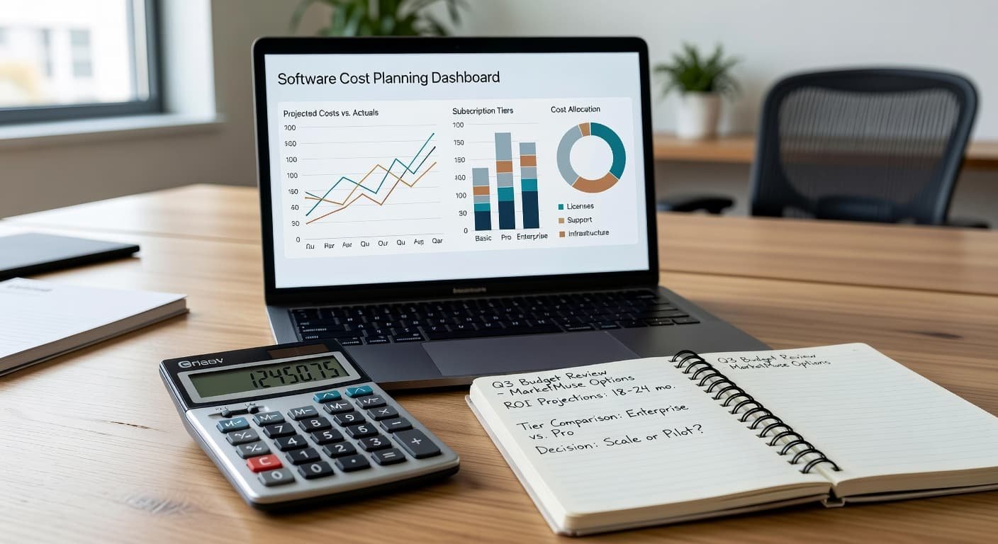 A sleek laptop displays complex data charts and financial metrics next to a handheld calculator and a handwritten notebook. Warm sunlight illuminates the organized desk, highlighting professional planning tools and software analysis.