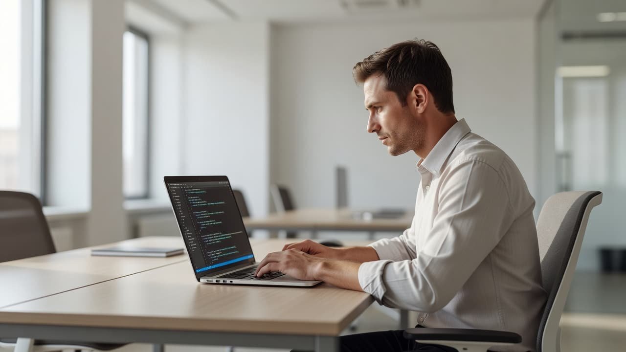 A focused developer sits at a minimalist workstation with a glowing laptop screen displaying blurred lines of code. Soft daylight illuminates the clean, modern office desk featuring an ergonomic chair setup.